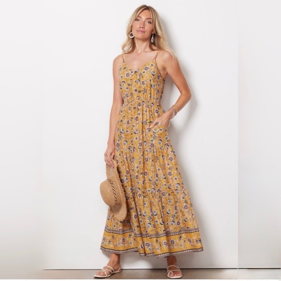 Evereve Dresses & Skirts - EVEREVE Collette Yellow Floral Boho‎ Maxi Dress Size XL